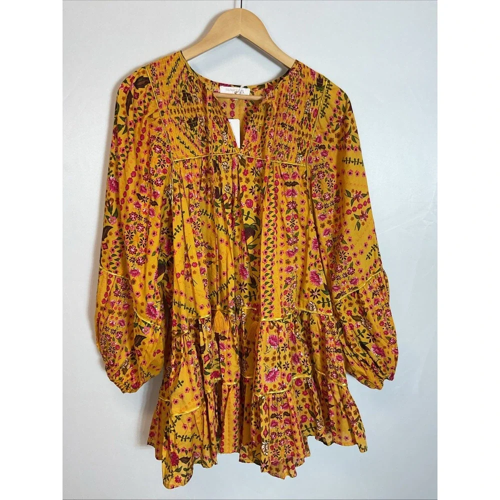 NEW Olivaceous‎ Ready For The Day Yellow Floral Flowy Long Sleeve Dress MD
